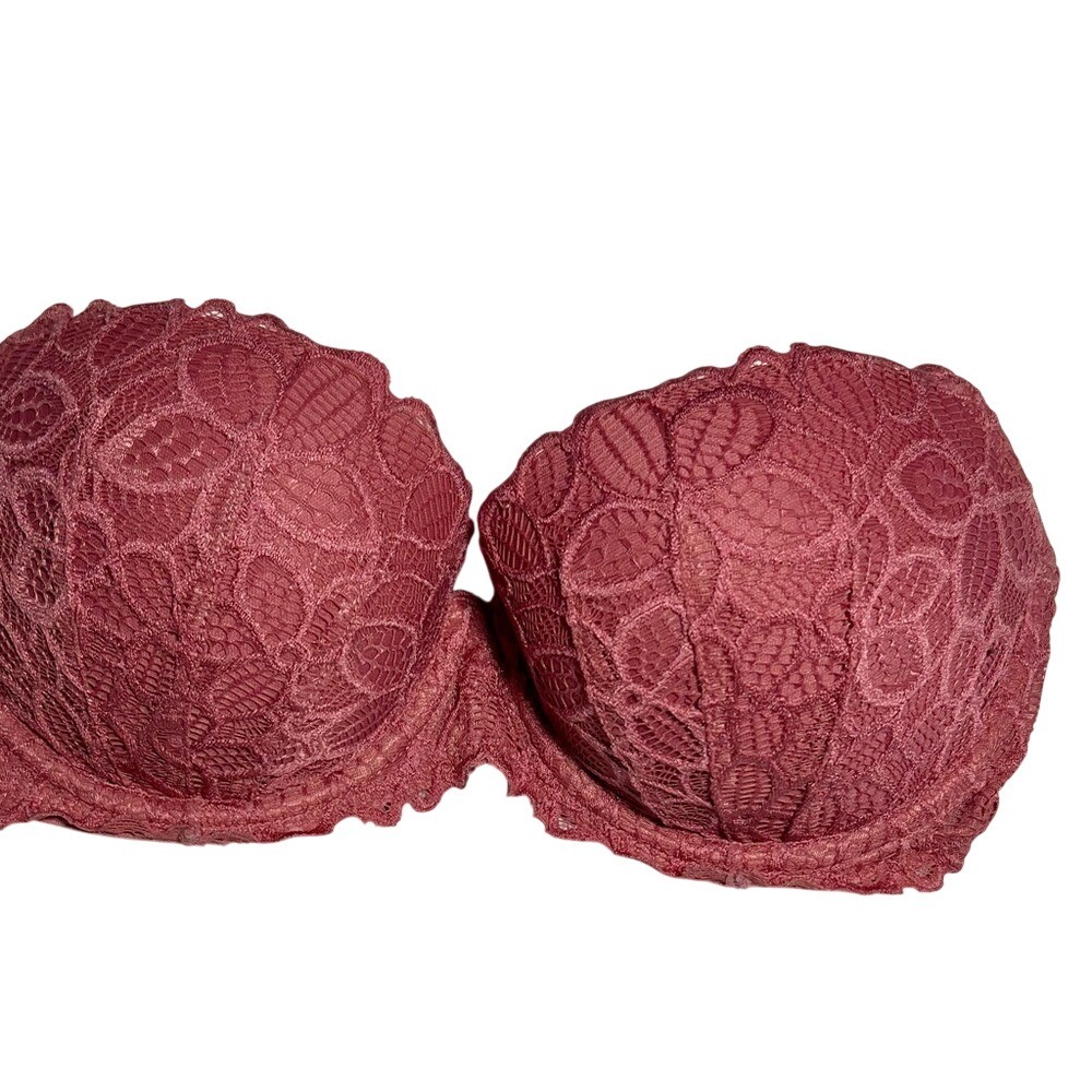 Victoria Secret PINK 32D Push-Up Bra Mauve Lace Padded Underwire Peekaboo layer
